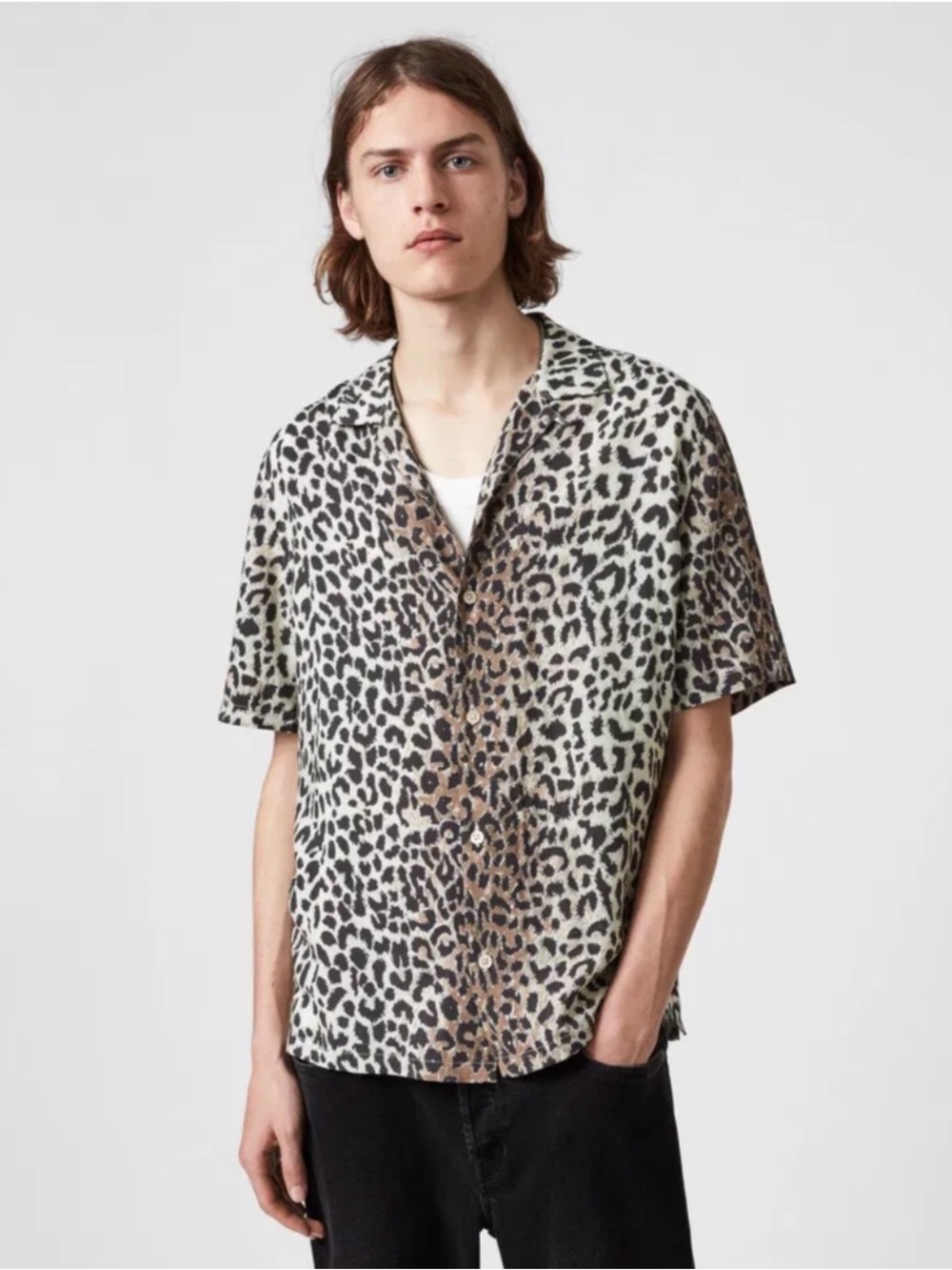 AllSaints Leopard Print Short Sleeve Button Front Shirt Men’s Medium Rayon